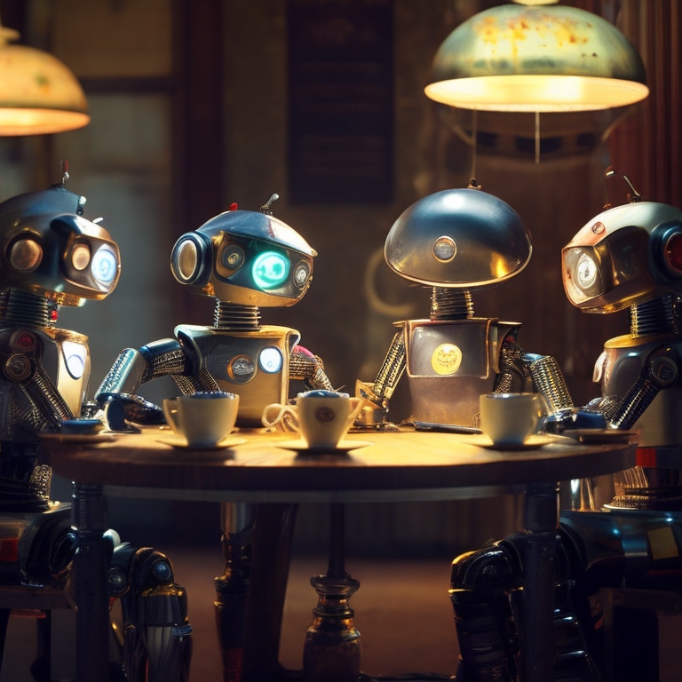 テーブルを囲んで盛り上がる4体のロボットたち