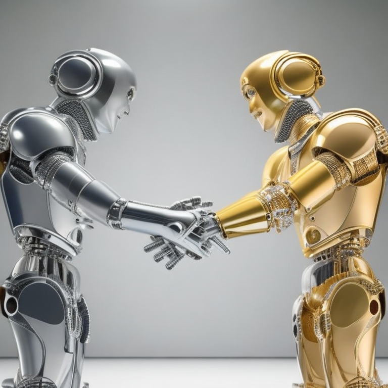 握手をする金と銀のロボット